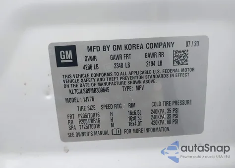 2021 Chevrolet Trax Fwd Lt z USA, uszkodzony, nr VIN KL7CJLSB9MB309645